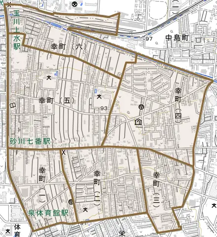 幸町とその周辺の地図。町の範囲を重ねている