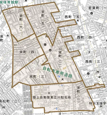 栄町とその周辺の地図。町の範囲を重ねている
