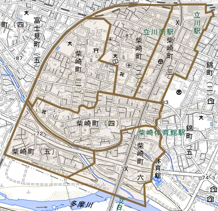 柴崎町とその周辺の地図。町の範囲を重ねている