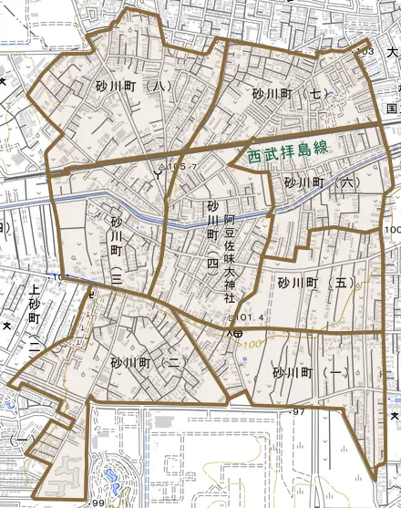 砂川町とその周辺の地図。町の範囲を重ねている