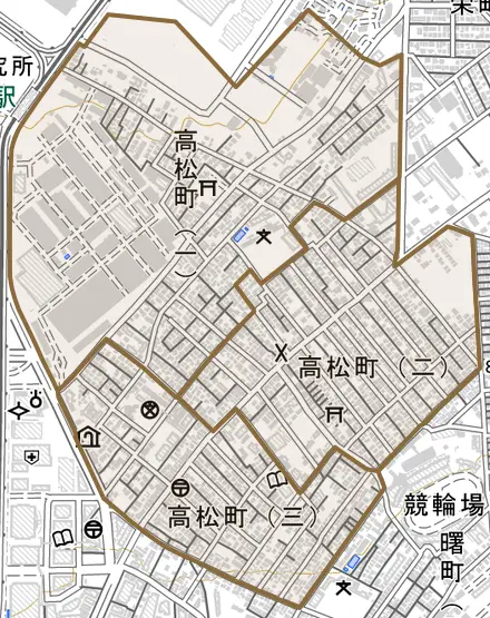 高松町とその周辺の地図。町の範囲を重ねている