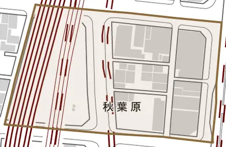 秋葉原とその周辺の地図。町の範囲を重ねている