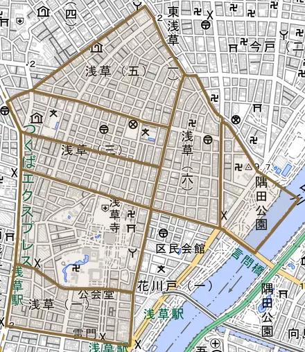 浅草とその周辺の地図。町の範囲を重ねている