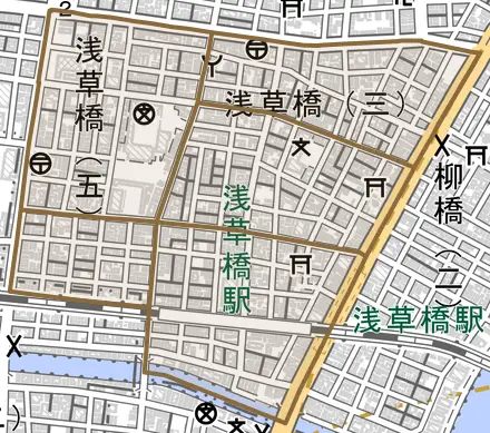 浅草橋とその周辺の地図。町の範囲を重ねている