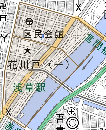 花川戸とその周辺の地図。町の範囲を重ねている