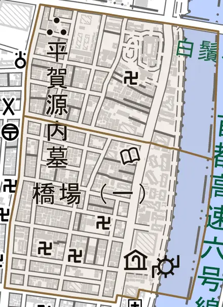 橋場とその周辺の地図。町の範囲を重ねている