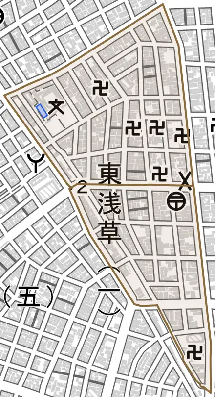 東浅草とその周辺の地図。町の範囲を重ねている