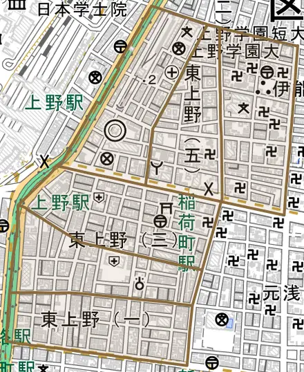 東上野とその周辺の地図。町の範囲を重ねている