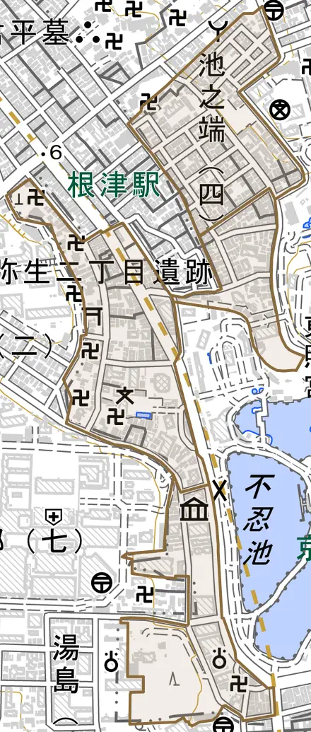 池之端とその周辺の地図。町の範囲を重ねている