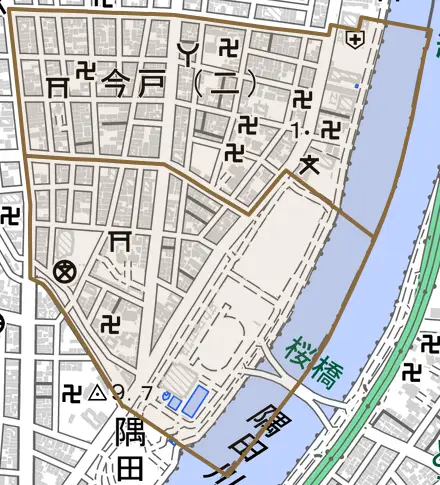 今戸とその周辺の地図。町の範囲を重ねている