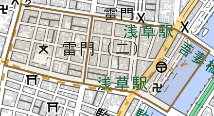 雷門とその周辺の地図。町の範囲を重ねている