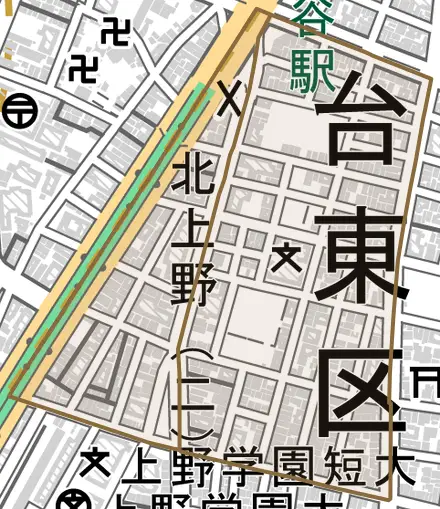 北上野とその周辺の地図。町の範囲を重ねている