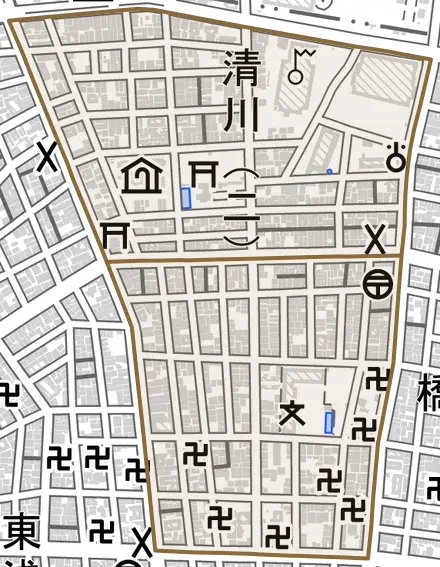 清川とその周辺の地図。町の範囲を重ねている