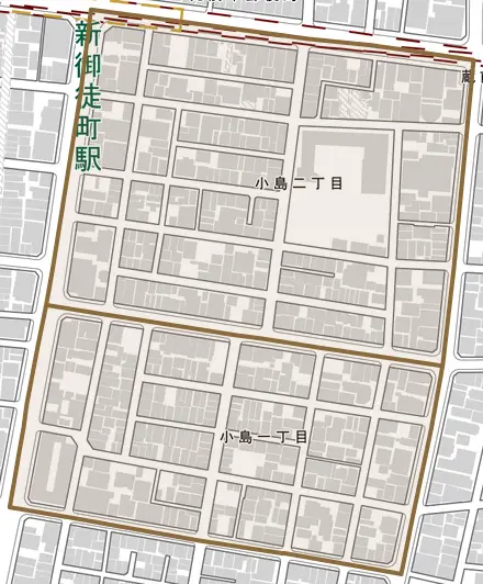 小島とその周辺の地図。町の範囲を重ねている