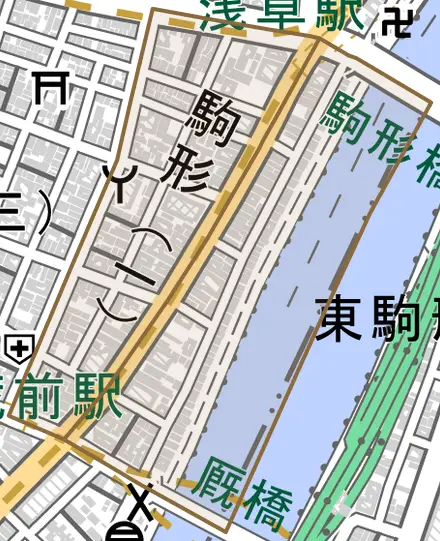 駒形とその周辺の地図。町の範囲を重ねている