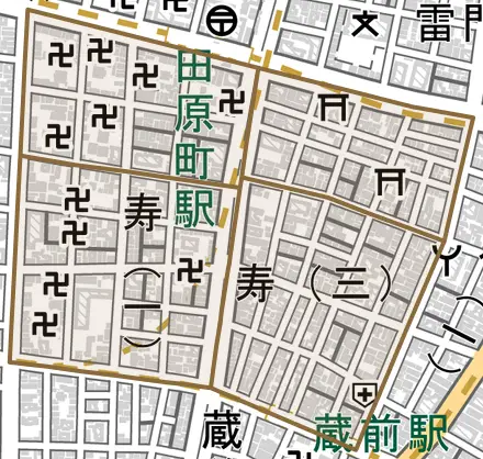 寿とその周辺の地図。町の範囲を重ねている
