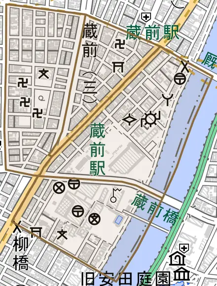 蔵前とその周辺の地図。町の範囲を重ねている