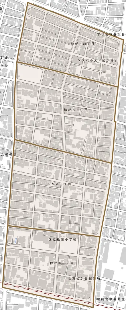 松が谷とその周辺の地図。町の範囲を重ねている