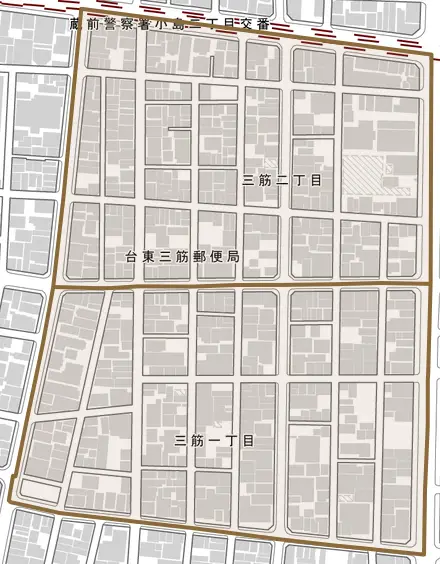 三筋とその周辺の地図。町の範囲を重ねている