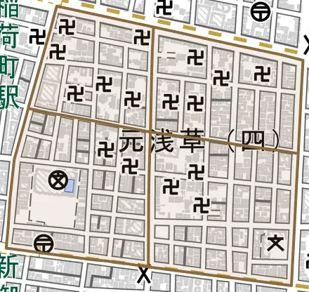 元浅草とその周辺の地図。町の範囲を重ねている