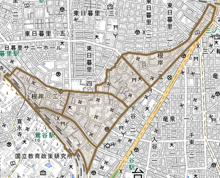 根岸とその周辺の地図。町の範囲を重ねている