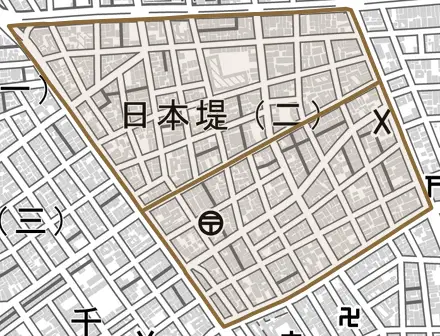 日本堤とその周辺の地図。町の範囲を重ねている