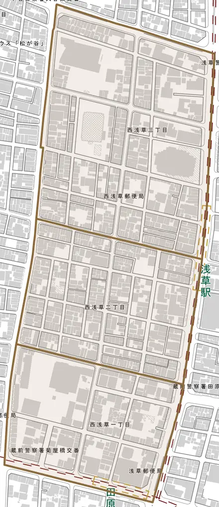 西浅草とその周辺の地図。町の範囲を重ねている