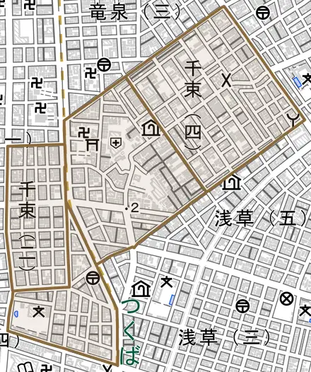 千束とその周辺の地図。町の範囲を重ねている