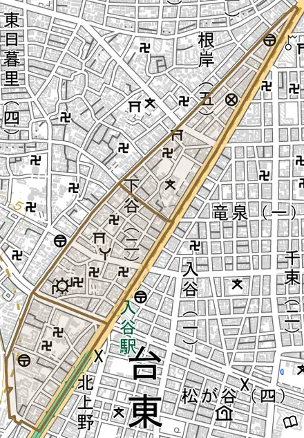下谷とその周辺の地図。町の範囲を重ねている
