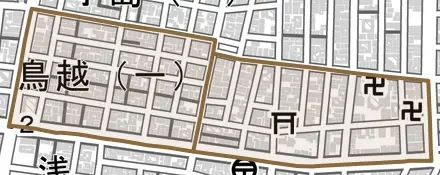鳥越とその周辺の地図。町の範囲を重ねている