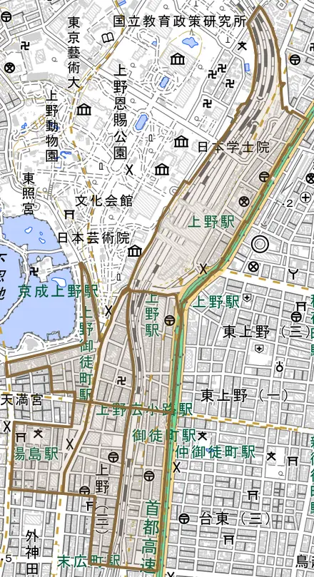 上野とその周辺の地図。町の範囲を重ねている