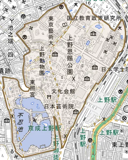 上野公園とその周辺の地図。町の範囲を重ねている
