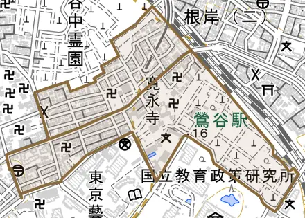 上野桜木とその周辺の地図。町の範囲を重ねている