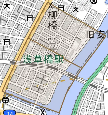 柳橋とその周辺の地図。町の範囲を重ねている