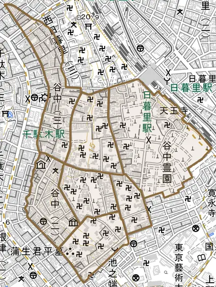 谷中とその周辺の地図。町の範囲を重ねている