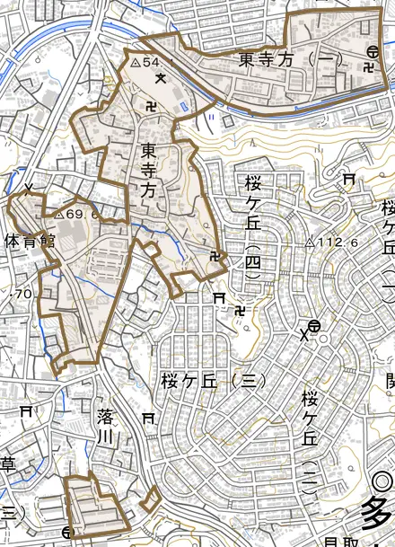 東寺方とその周辺の地図。町の範囲を重ねている