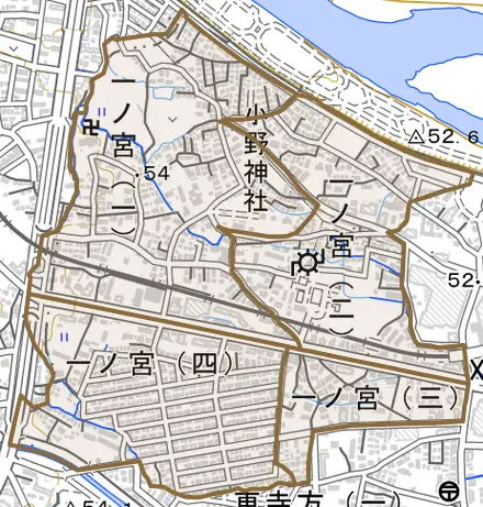 一ノ宮とその周辺の地図。町の範囲を重ねている