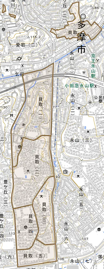 貝取とその周辺の地図。町の範囲を重ねている