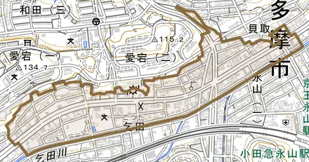 乞田とその周辺の地図。町の範囲を重ねている