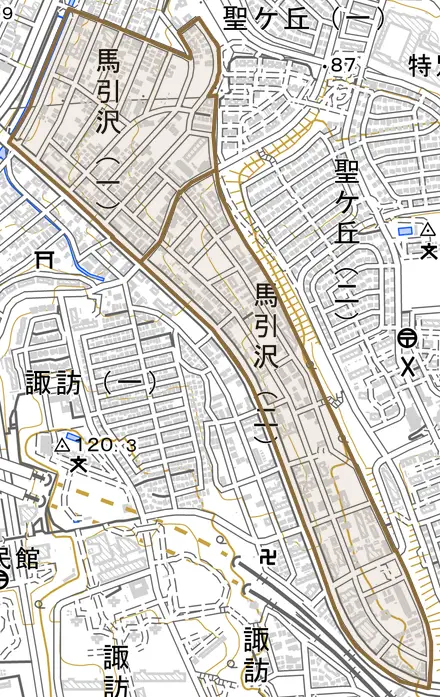 馬引沢とその周辺の地図。町の範囲を重ねている