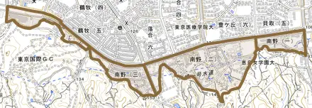 南野とその周辺の地図。町の範囲を重ねている