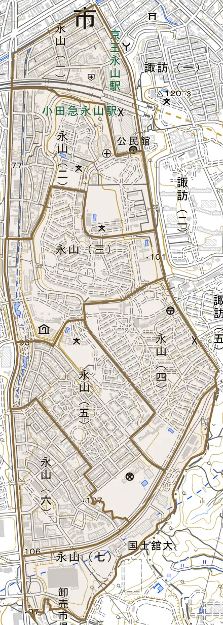 永山とその周辺の地図。町の範囲を重ねている