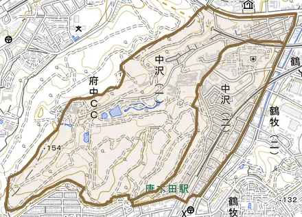 中沢とその周辺の地図。町の範囲を重ねている