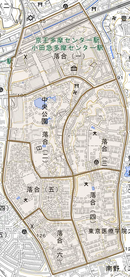 落合とその周辺の地図。町の範囲を重ねている