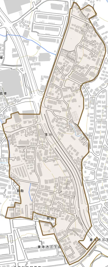 落川とその周辺の地図。町の範囲を重ねている