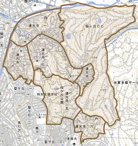 連光寺とその周辺の地図。町の範囲を重ねている