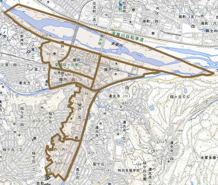 関戸とその周辺の地図。町の範囲を重ねている