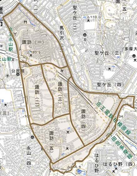 諏訪とその周辺の地図。町の範囲を重ねている