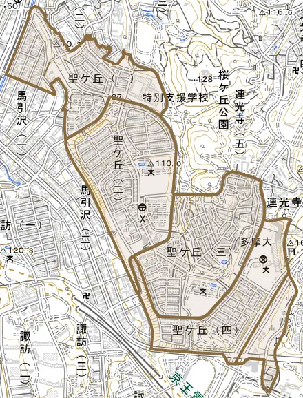 聖ヶ丘とその周辺の地図。町の範囲を重ねている