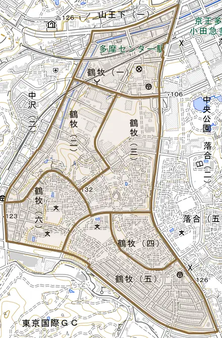 鶴牧とその周辺の地図。町の範囲を重ねている